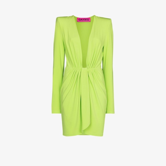 NWT Gauge81 Lime Green Plunge Draped Mini Dress w Strong Shoulder Size M - Picture 1 of 12